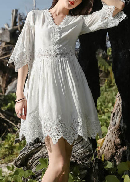 Mid Patchwork Stylish Half Dress Neck Lace Sleeve White V FashionChic