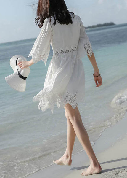 Mid Patchwork Stylish Half Dress Neck Lace Sleeve White V FashionChic