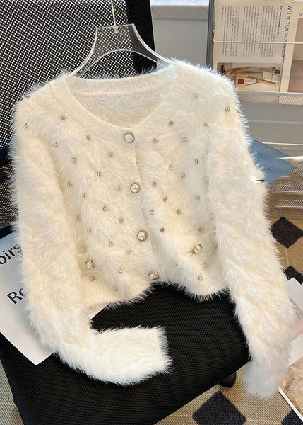 Stylish White Zircon Warm Fuzzy Fur Fluffy Cardigan Spring MZF-NCT250315