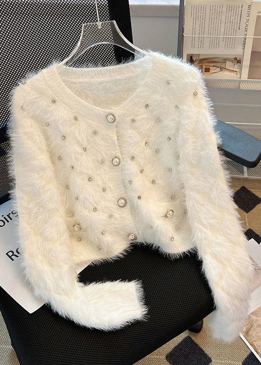 Stylish White Zircon Warm Fuzzy Fur Fluffy Cardigan Spring MZF-NCT250315
