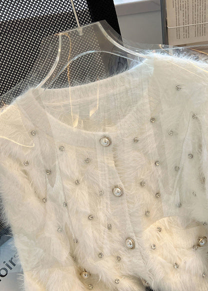 Stylish White Zircon Warm Fuzzy Fur Fluffy Cardigan Spring MZF-NCT250315