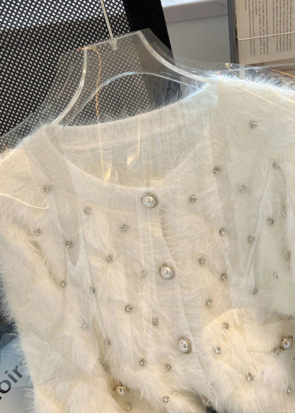 Stylish White Zircon Warm Fuzzy Fur Fluffy Cardigan Spring MZF-NCT250315