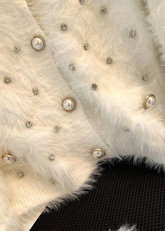 Stylish White Zircon Warm Fuzzy Fur Fluffy Cardigan Spring MZF-NCT250315