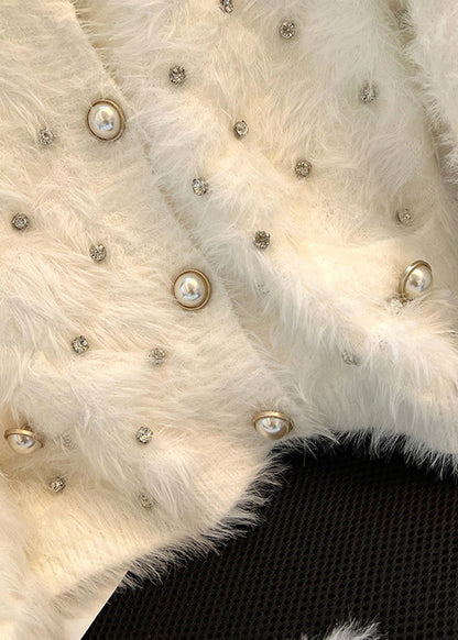 Stylish White Zircon Warm Fuzzy Fur Fluffy Cardigan Spring MZF-NCT250315