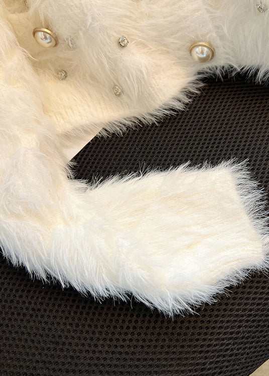 Stylish White Zircon Warm Fuzzy Fur Fluffy Cardigan Spring MZF-NCT250315