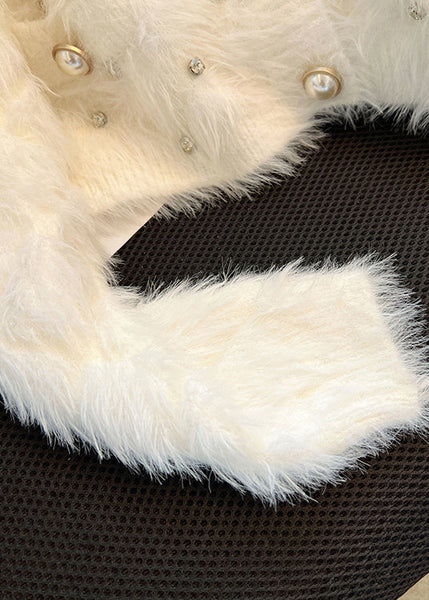 Stylish White Zircon Warm Fuzzy Fur Fluffy Cardigan Spring MZF-NCT250315