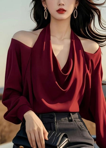 Stylish Wine Shoulder Spring Cold Tops Design Red Solid Original FashionChic