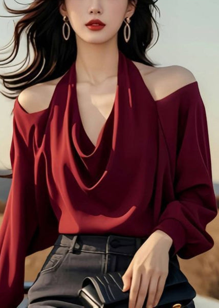 Stylish Wine Shoulder Spring Cold Tops Design Red Solid Original FashionChic