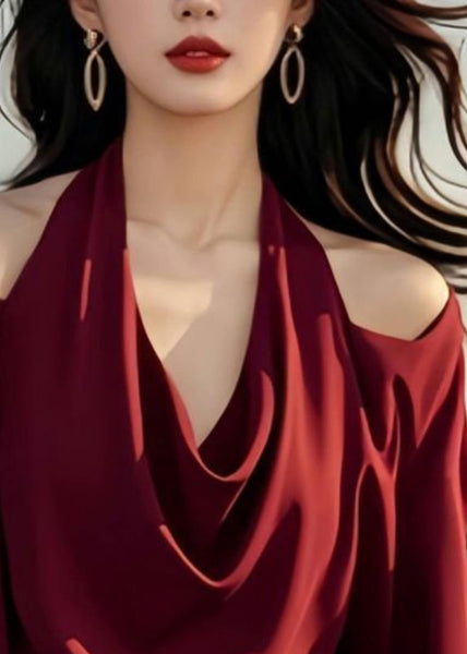 Stylish Wine Shoulder Spring Cold Tops Design Red Solid Original FashionChic