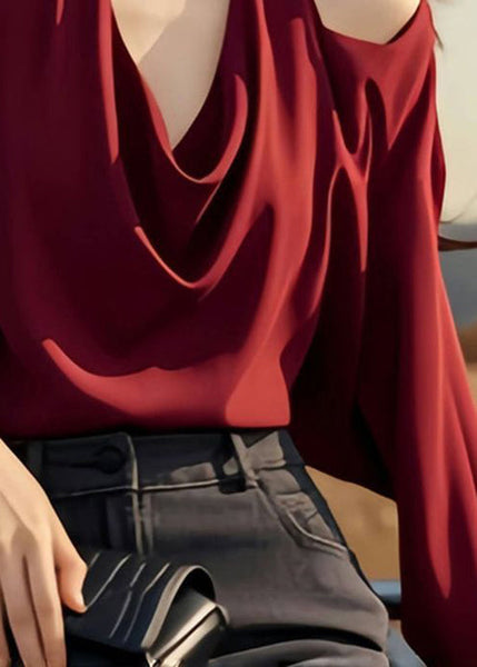 Stylish Wine Shoulder Spring Cold Tops Design Red Solid Original FashionChic