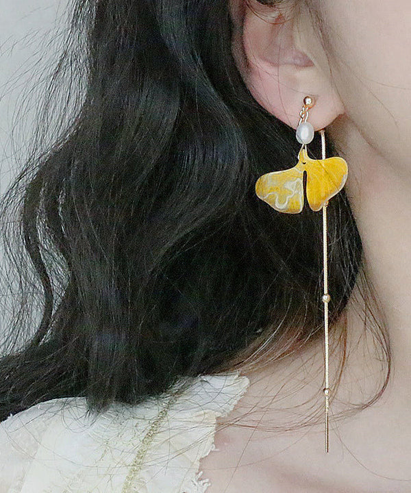 Stylish Yellow 14K Gold Pearl Ginkgo Leaf Tassel Drop Earrings GH1070 Ada Fashion