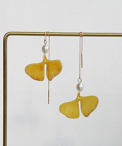 Stylish Yellow 14K Gold Pearl Ginkgo Leaf Tassel Drop Earrings GH1070 Ada Fashion