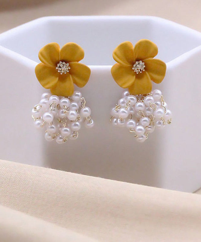 Floral Drop Alloy Yellow Earrings Stylish Pearl Tassel FashionChic