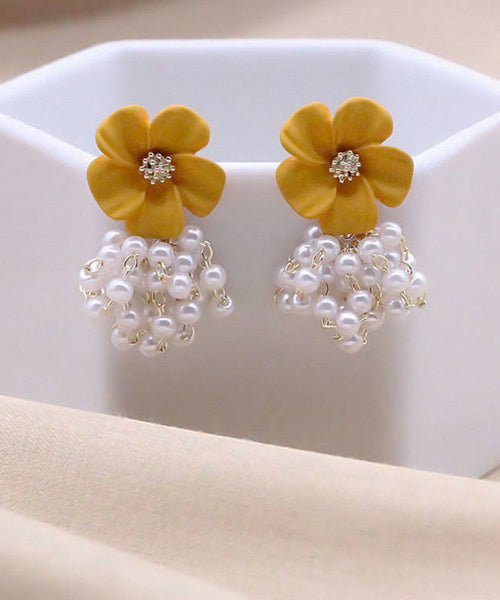 Floral Drop Alloy Yellow Earrings Stylish Pearl Tassel FashionChic