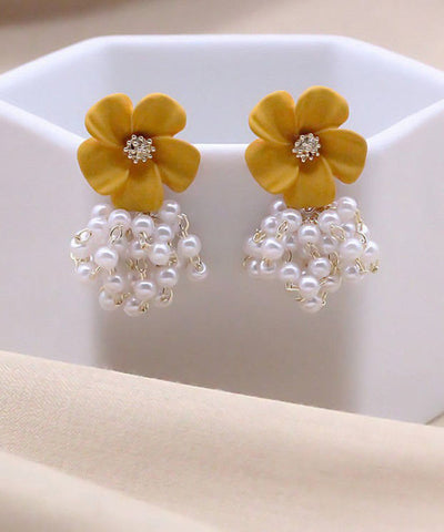 Floral Drop Alloy Yellow Earrings Stylish Pearl Tassel FashionChic