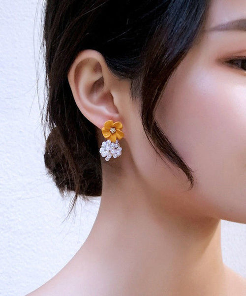 Floral Drop Alloy Yellow Earrings Stylish Pearl Tassel FashionChic