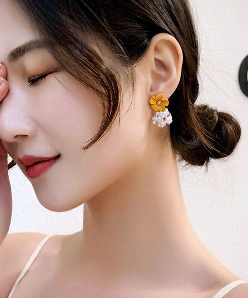 Floral Drop Alloy Yellow Earrings Stylish Pearl Tassel FashionChic