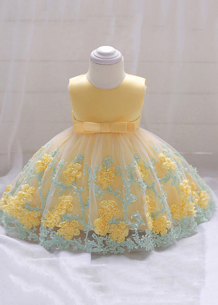 Stylish Yellow O-Neck Embroideried Floral Tulle Girls Long Dresses Summer YS031 ABC