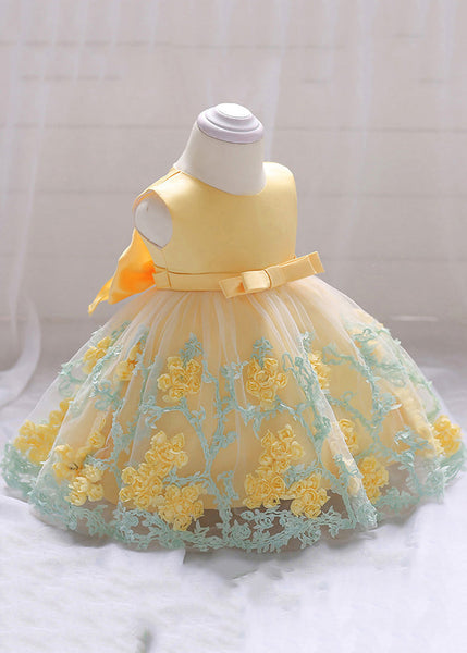 Stylish Yellow O-Neck Embroideried Floral Tulle Girls Long Dresses Summer YS031 ABC