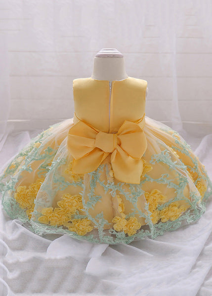 Stylish Yellow O-Neck Embroideried Floral Tulle Girls Long Dresses Summer YS031 ABC