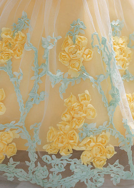 Stylish Yellow O-Neck Embroideried Floral Tulle Girls Long Dresses Summer YS031 ABC