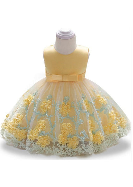 Stylish Yellow O-Neck Embroideried Floral Tulle Girls Long Dresses Summer YS031 ABC