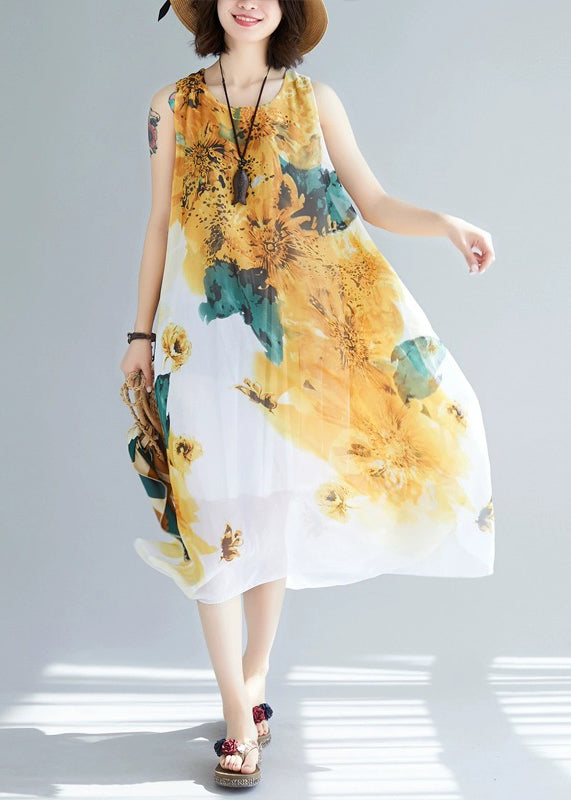 Stylish Yellow O-Neck Print Chiffon Dresses Sleeveless JH041 MMDM-SDL240717