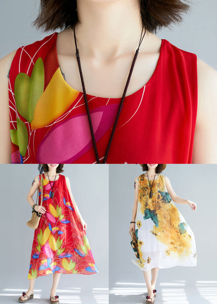 Stylish Yellow O-Neck Print Chiffon Dresses Sleeveless JH041 MMDM-SDL240717