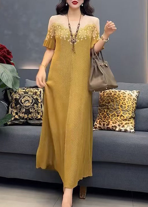 Yellow Cotton O-Neck Dress Stylish Print Summer Long FashionChic