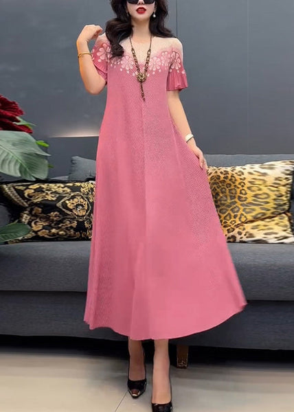 Yellow Cotton O-Neck Dress Stylish Print Summer Long FashionChic