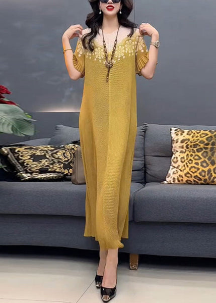 Yellow Cotton O-Neck Dress Stylish Print Summer Long FashionChic