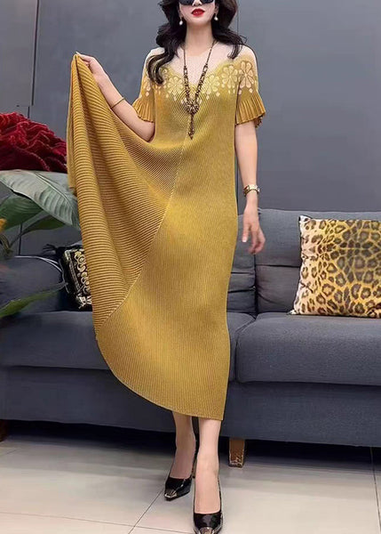 Yellow Cotton O-Neck Dress Stylish Print Summer Long FashionChic
