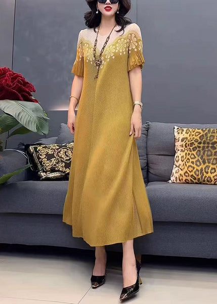 Yellow Cotton O-Neck Dress Stylish Print Summer Long FashionChic