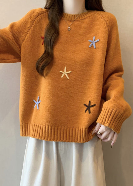 Stylish Yellow O Neck Thick Floral Knit Sweaters Winter RG038 ABC