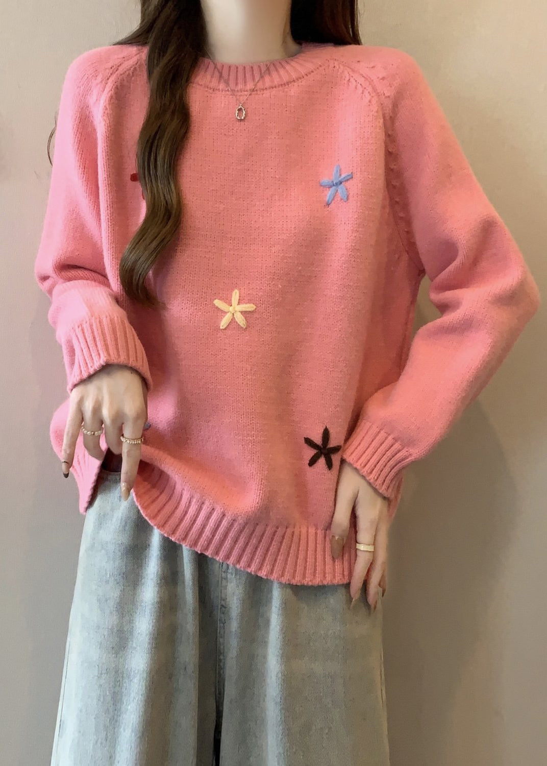 Stylish Yellow O Neck Thick Floral Knit Sweaters Winter RG038 ABC