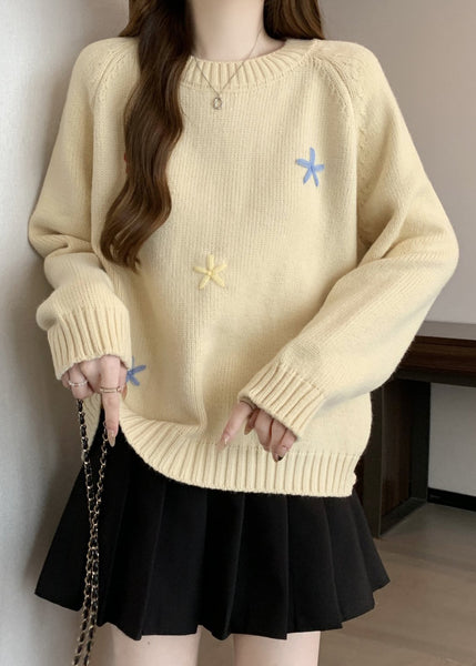 Stylish Yellow O Neck Thick Floral Knit Sweaters Winter RG038 ABC