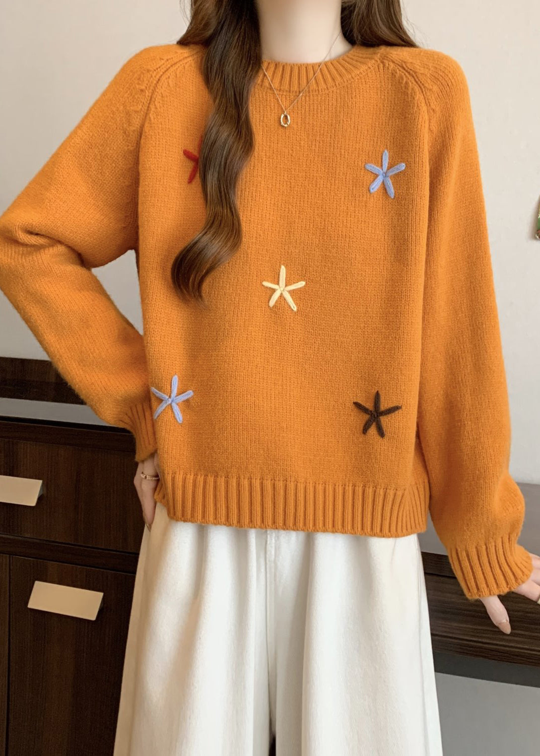 Stylish Yellow O Neck Thick Floral Knit Sweaters Winter RG038 ABC