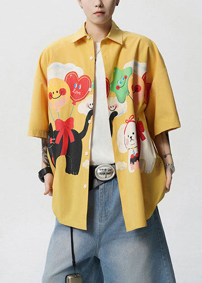 Mens Button Stylish Yellow Collar Shirts Cotton Peter Pan Print FashionChic