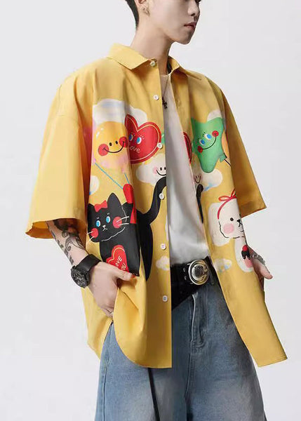 Mens Button Stylish Yellow Collar Shirts Cotton Peter Pan Print FashionChic