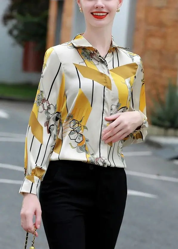 Stylish Yellow Peter Pan Collar Print Silk Shirt Long Sleeve Ada Fashion