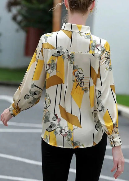 Stylish Yellow Peter Pan Collar Print Silk Shirt Long Sleeve Ada Fashion