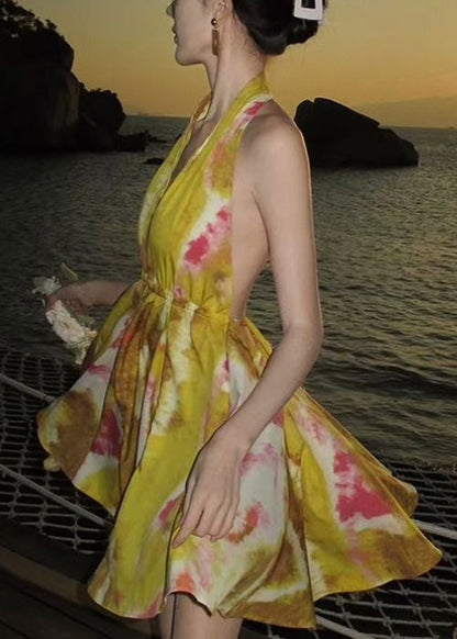 Chiffon Backless Yellow Print Up Lace Mini Dresses Stylish FashionChic