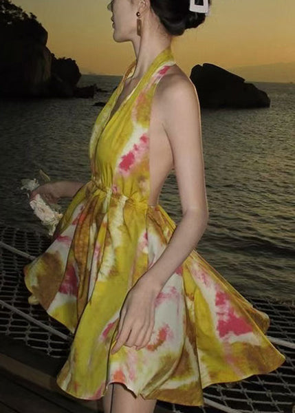 Chiffon Backless Yellow Print Up Lace Mini Dresses Stylish FashionChic