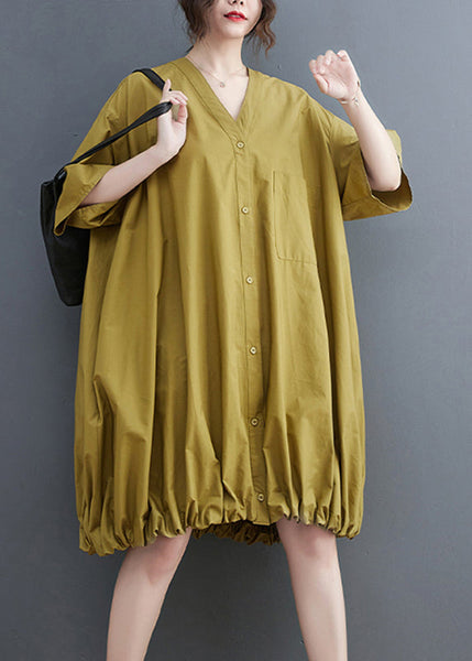 Stylish Yellow V Neck Drawstring Mid Dress Summer GH1028 Ada Fashion