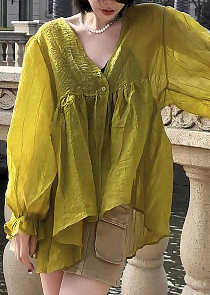 Stylish Yellow V Neck Patchwork Silk Cotton Shirt Lantern Sleeve BV036 MZF-LTP240702