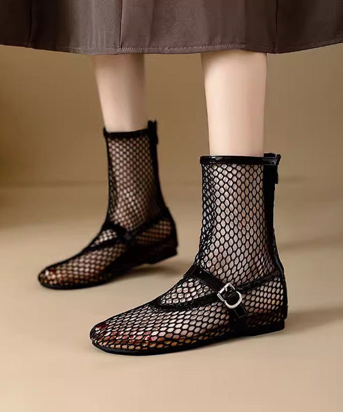 Breathable Zippered Boots Splicing Mesh Stylish Out Hollow Black FashionChic