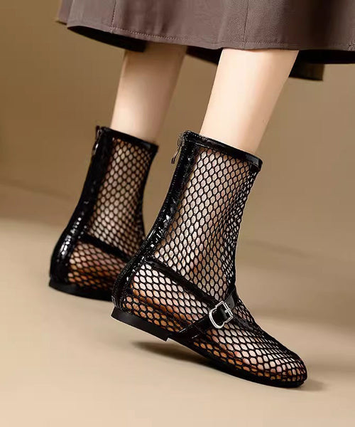 Breathable Zippered Boots Splicing Mesh Stylish Out Hollow Black FashionChic
