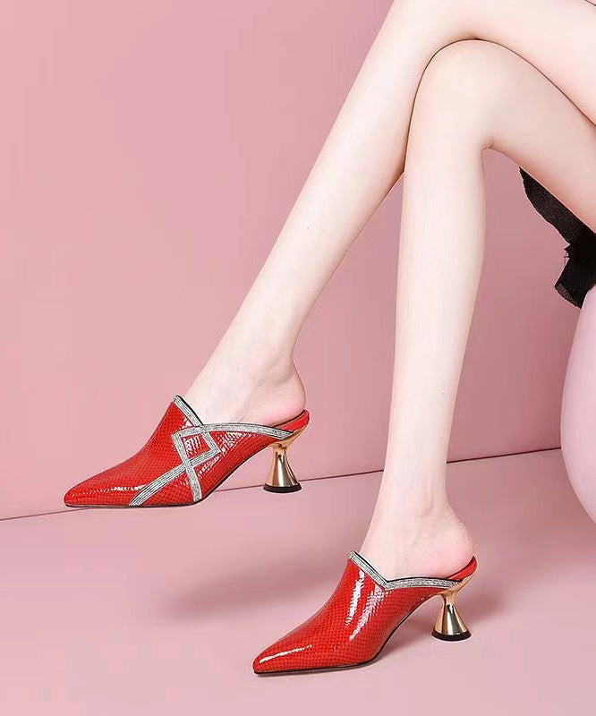 Stylish Zircon High Heel Red Cowhide Leather Slide Sandals CZ1035 Ada Fashion