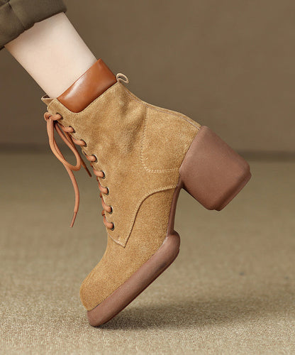 Suede Chunky Heel Boots Apricot Stylish Splicing Lace Up RD014 ABC