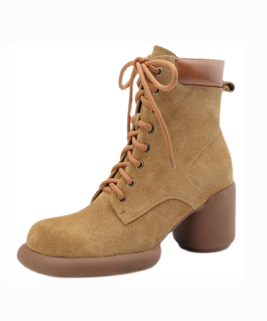 Suede Chunky Heel Boots Apricot Stylish Splicing Lace Up RD014 ABC